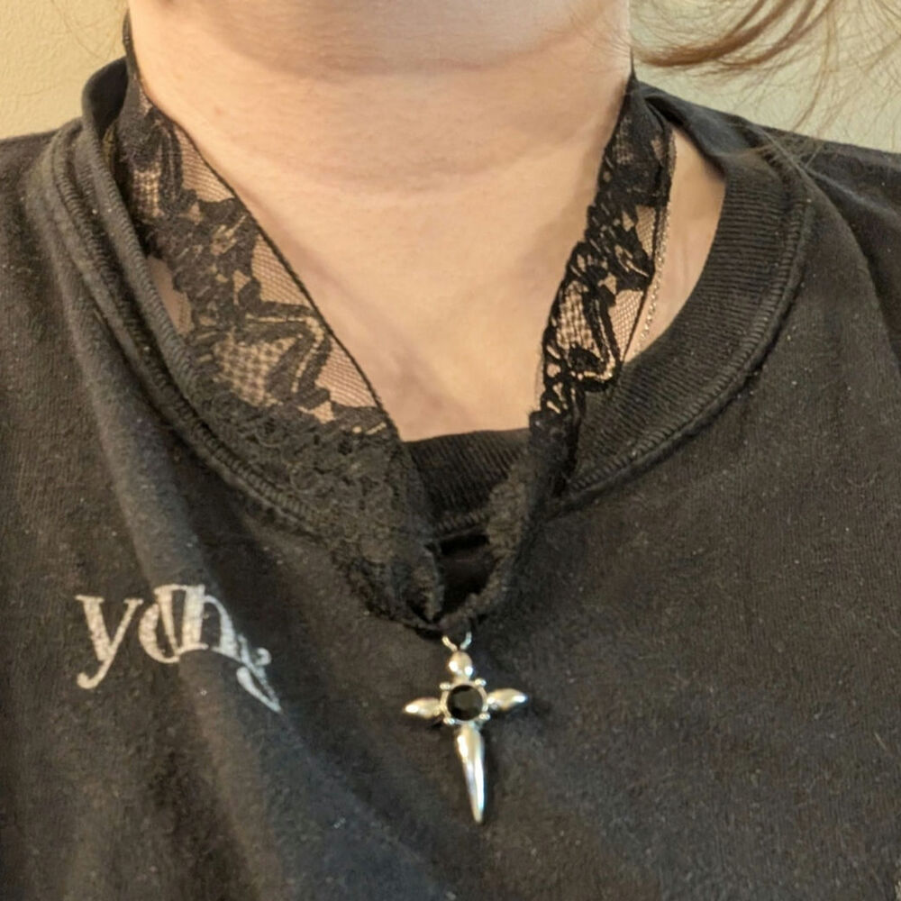 Handmade Gothic Grunge Lace Cross Charm Necklace - Picture 4 of 4